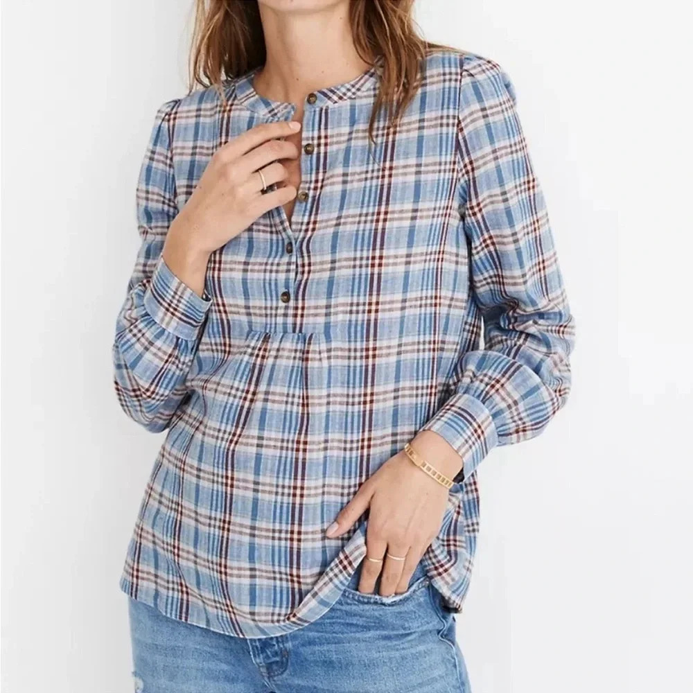 Madewell‎ size XS Leysfield Plaid Popover Blouse Shirt Blue Linen Blend Fall
